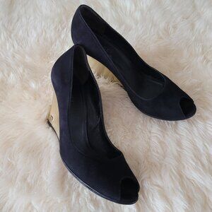 Gucci Black Suede Gold Wedge Heel SZ 7